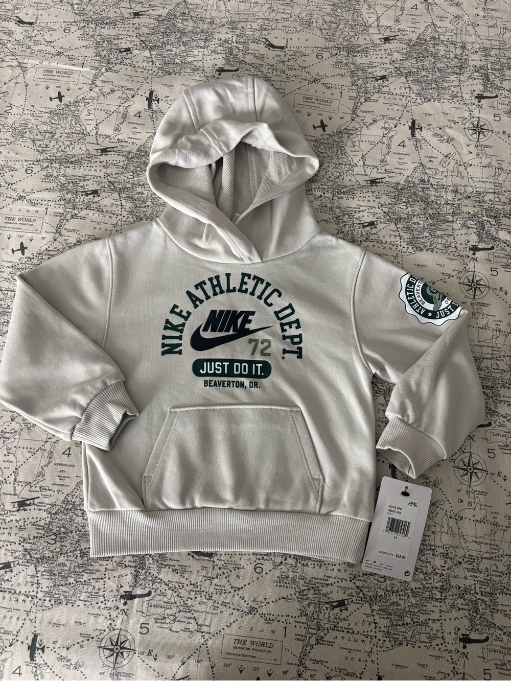 Nike Kids Light Gray Hoodie with Green Athletic Logo